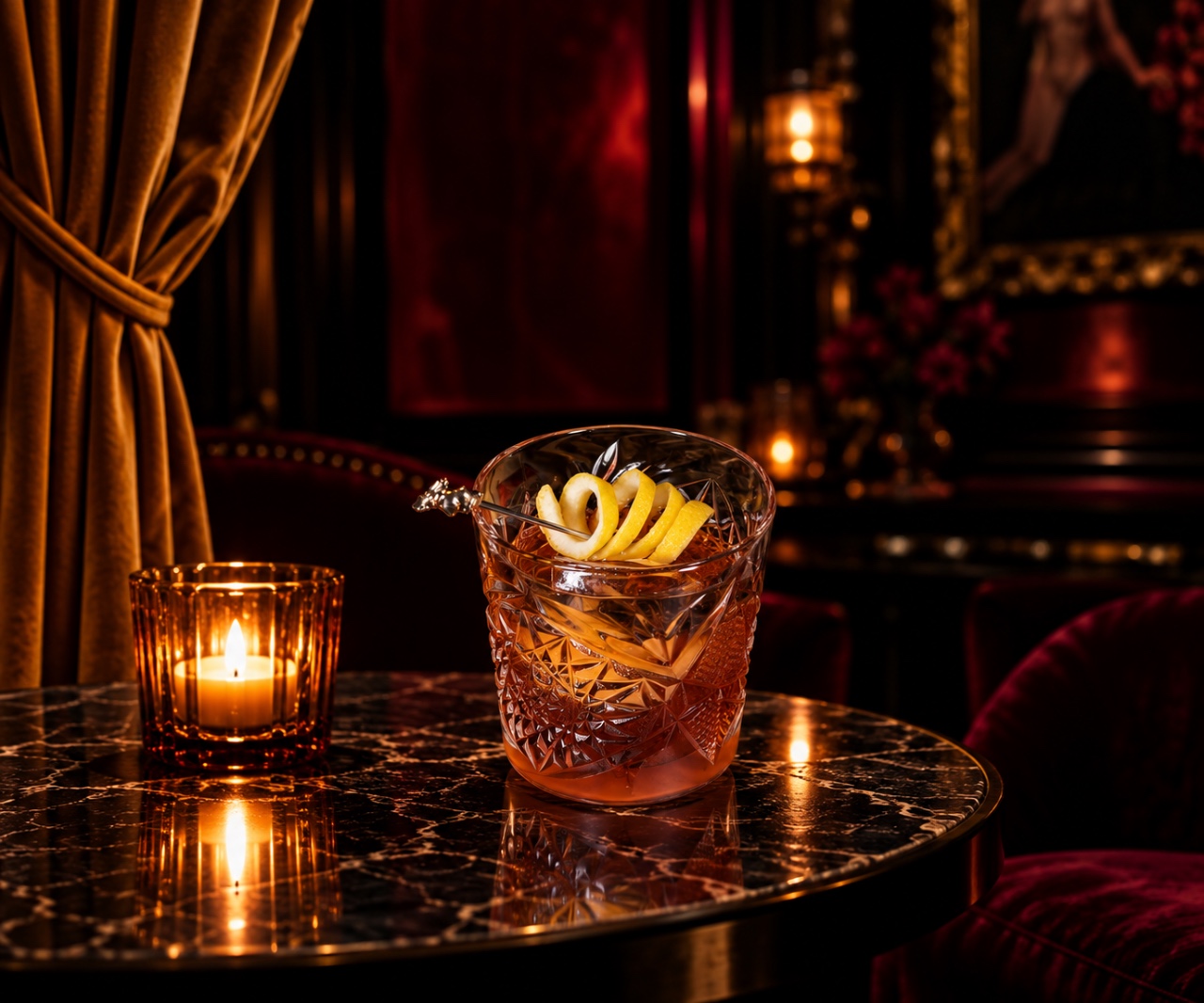 A Bad Rabbit cocktail, shot dark and close on marble.